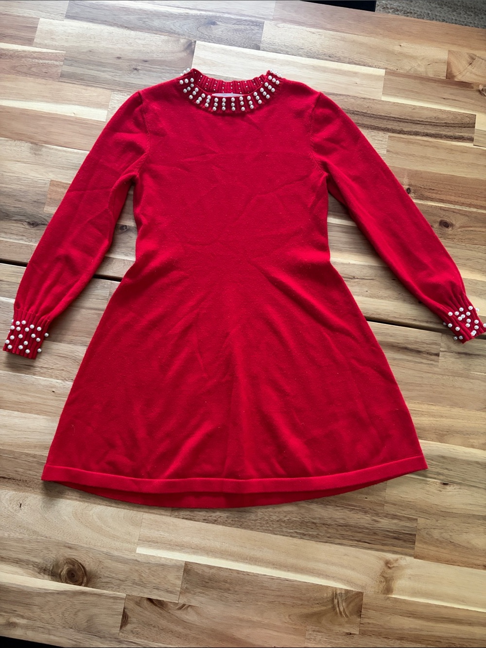 Girls Red Pearl-Embellished Holiday Knit Dress Size S